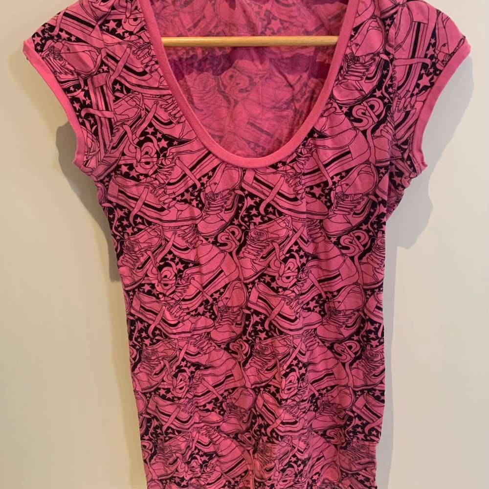Bright pink, long, shoe print tank top